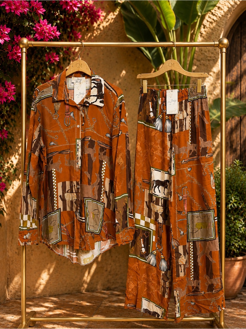 Made in Italy Rust & Brown
Equestrian Print Button Down & Pants Set OS